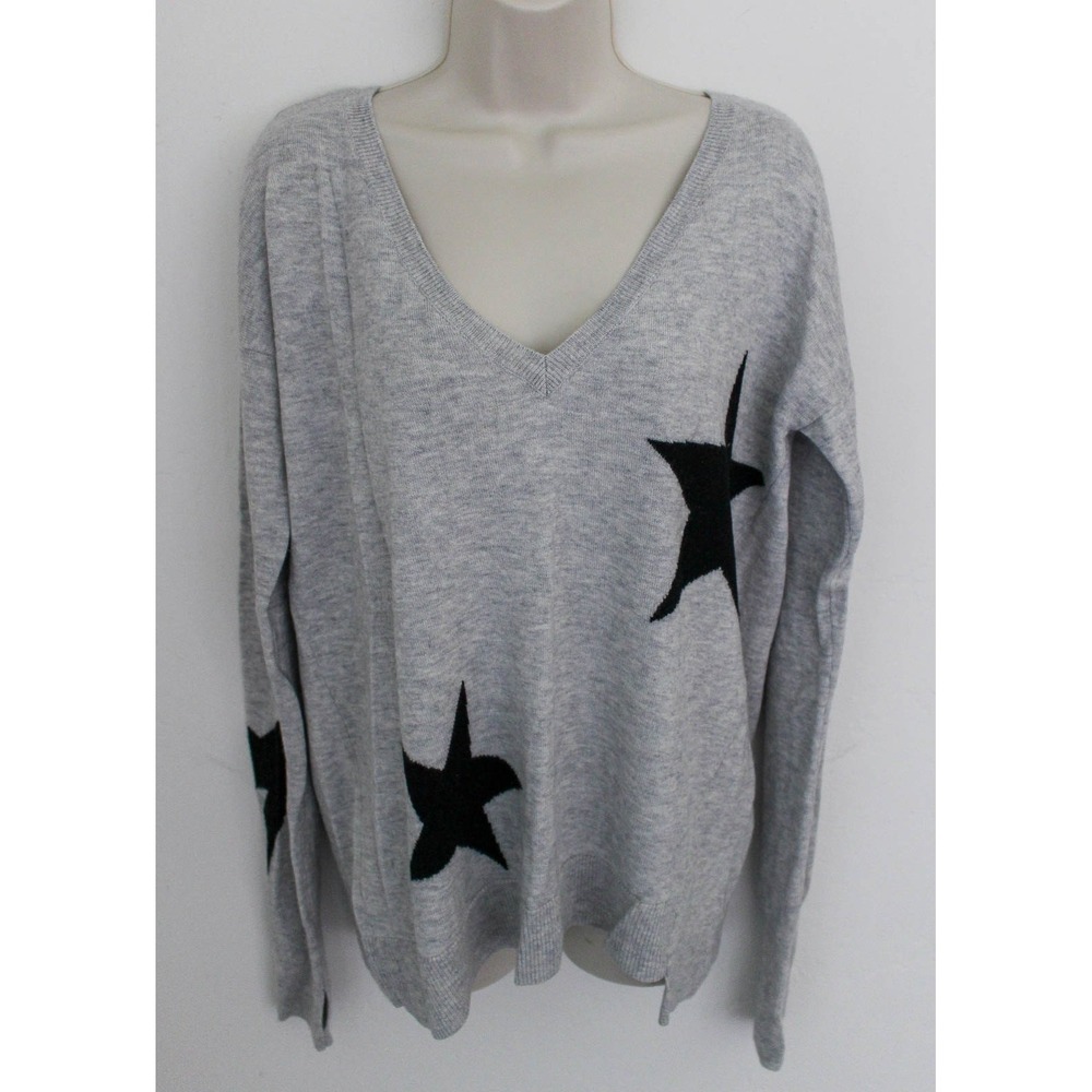 Pam & Gela Star Print Sweater Womens Medium Gray Merino Wool Cashmere V-Neck